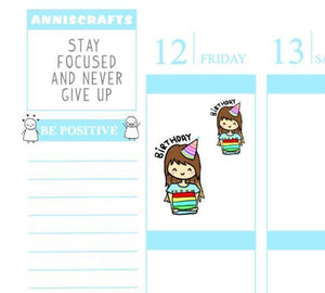 BIRTHDAY Annika Chibi Happy Birthday Planner Stickers Chibi Cute Cake Hat Kawaii Cute Erin Condren Stickers - anniscrafts