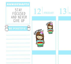 BIRTHDAY Annika Chibi Happy Birthday Planner Stickers Chibi Cute Cake Hat Kawaii Cute Erin Condren Stickers