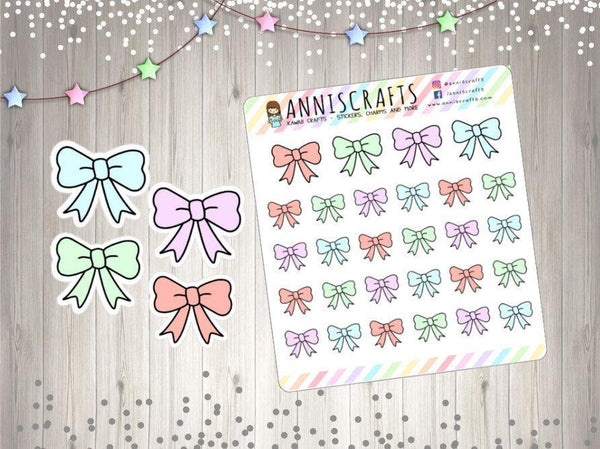 Pastel Colored Bow Stickers Planner Stickers Pastel Bow Stickers Cute Kawaii Bows Hand Drawn Stickers UK Seller - anniscrafts