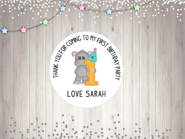 Hippo First Birthday Party Stickers 1st Birthday Stickers Birthday Hippo Stickers Cute Birthday Goodie Bag Stickers Goody Bag Stickers - anniscrafts