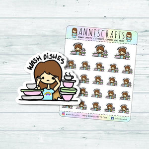 Wash Dishes Planner Stickers Do Dishes Stickers Wash Up Planner Stickers Kawaii Chibi Planner Stickers Cute Planner Stickers Happy Planner - anniscrafts